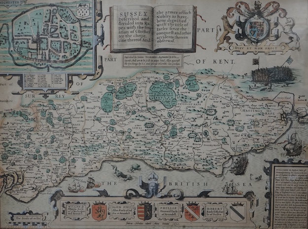 After John Norden (c.1547-1625), hand coloured map of Sussex, sold by I S & George Humble, 40 x 52cm. Condition - fair